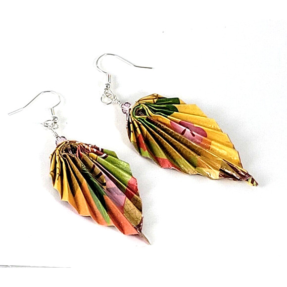 Hand Folded Origami Leaf Earrings Yellow Multi-color with Bead Accents - Picture 1 of 6